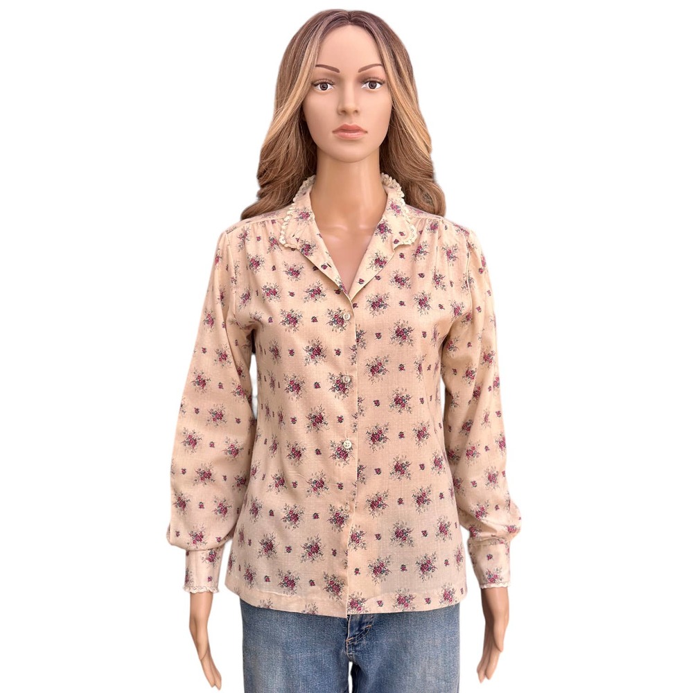 Vintage 70s Land n Sea Prairie Cottage Western Floral lace cream blouse Small 34 - Picture 8 of 12